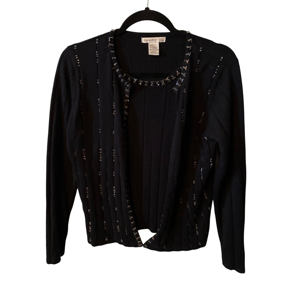 Claudia‎ D Black Embellished Cardigan Sweater Women's Sz M Ribbed Beaded Sparkly